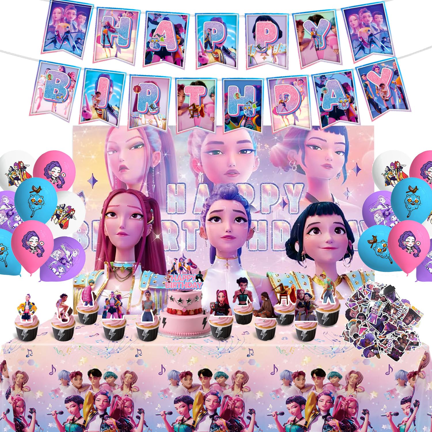 Photo 1 of 149 Pcs Birthday Decoration, Party Supplies Set - 24 Cake Toppers, 18 Balloons, 1 Happy Birthday Banner, 1 Happy Birthday Back Ground Cloth, 103 Stickers, 1 Large Cake Toppers, 1 Table Cloth, Pink