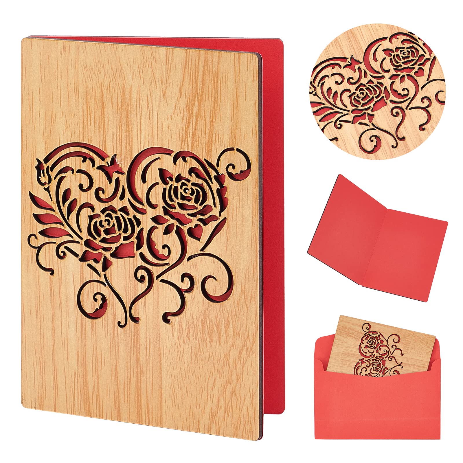 CRASPIRE Heart Wood Card, Wood Wedding Anniversary Card, Hollow Heart Rose Design, Handmade Wooden Greeting Card Gifts for Weddings Anniversary Mother's Day Valentine's Day Birthdays