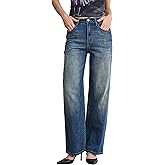 Menbnua Women's High Waist Multiple Wash Straight Wide Leg Jeans Stretchy Tummy Control Classic Baggy Denim