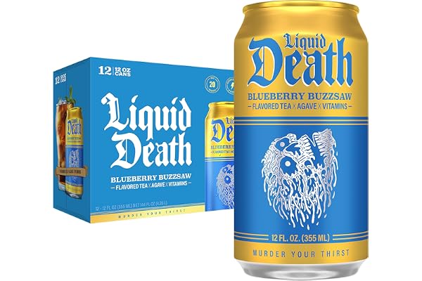 Liquid Death Iced Tea - Blueberry Buzzsaw (Blueberry-Flavored Black Tea), Less Sugar*, Boost of Caffeine, B Vitamins, No Artificial Sweeteners, 12 Fl Oz (Pack of 12)