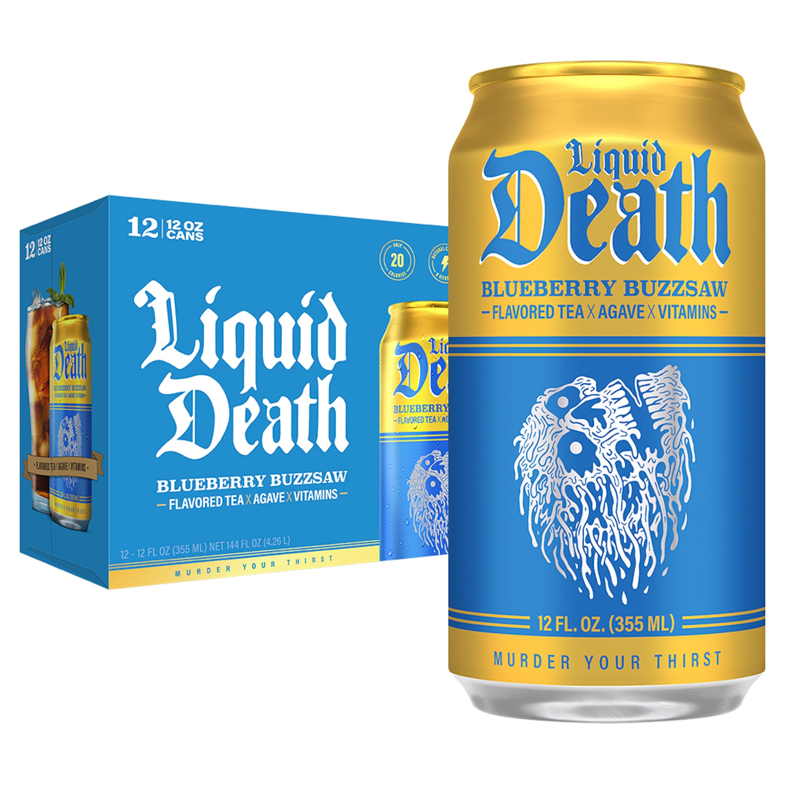 Photo 1 of Liquid Death, Blueberry Buzzsaw Flavored Iced Tea, 12-Pack (12 oz Cans), Blueberry Flavored Black Tea, Low Calorie, No Artificial Sweeteners, B12 & B6 Vitamins