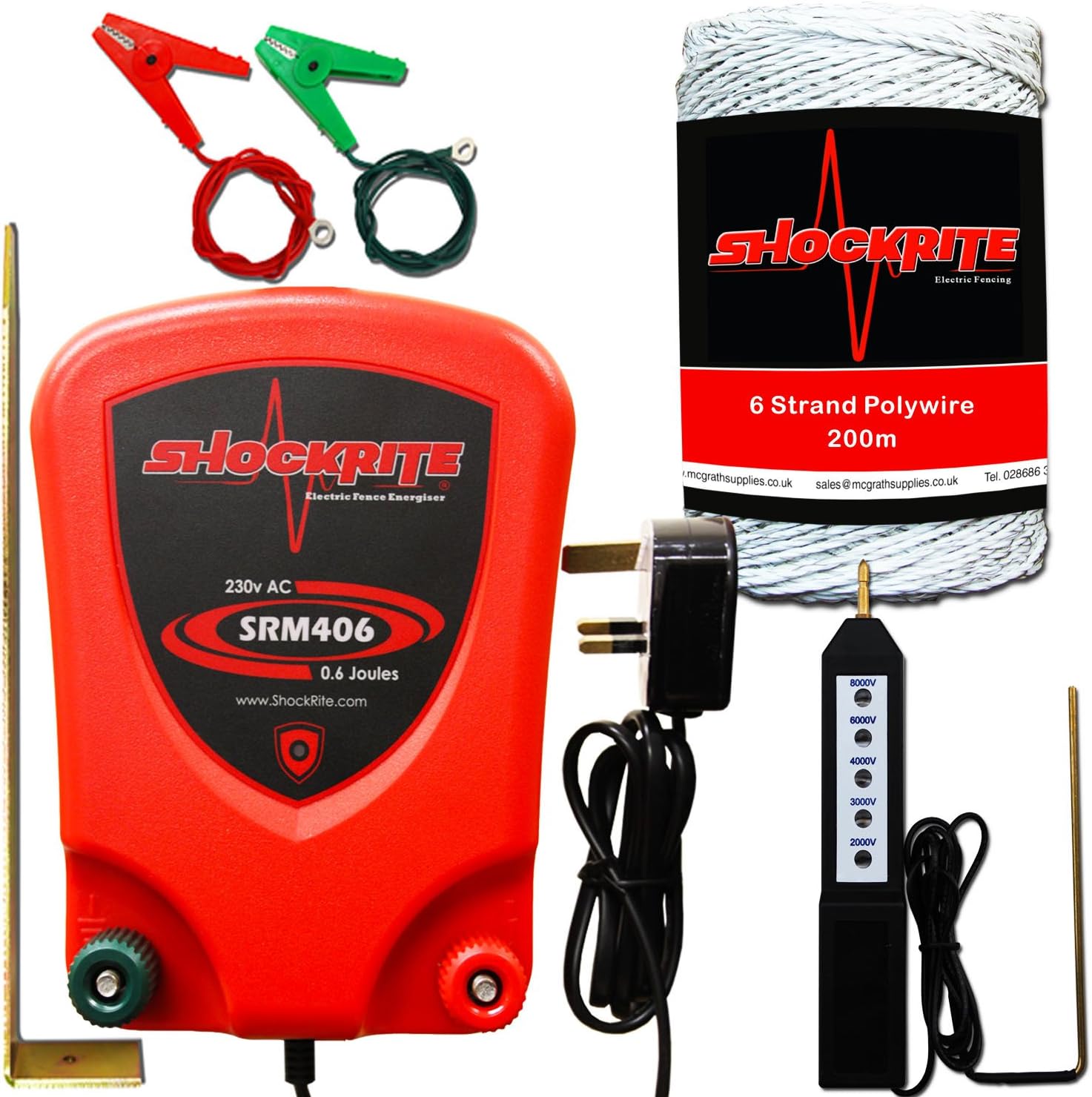 ShockRite Electric Fence Mains Energiser Energizer SRM406 0.6J Fencer Unit, Tester, 200m White Wire
