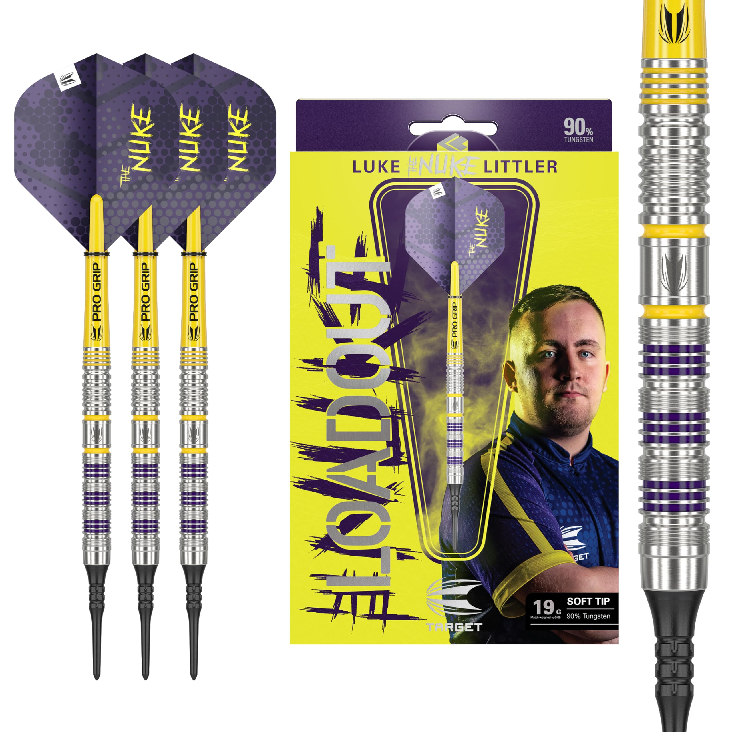 Target Darts Luke Littler Loadout Soft Tip Darts, 90% Tungsten Dart, 19G | Pixel Tip Dart Set, Player Edition Soft Tip Electronic Darts Set with Pro Grip Shafts & No.2 Flights