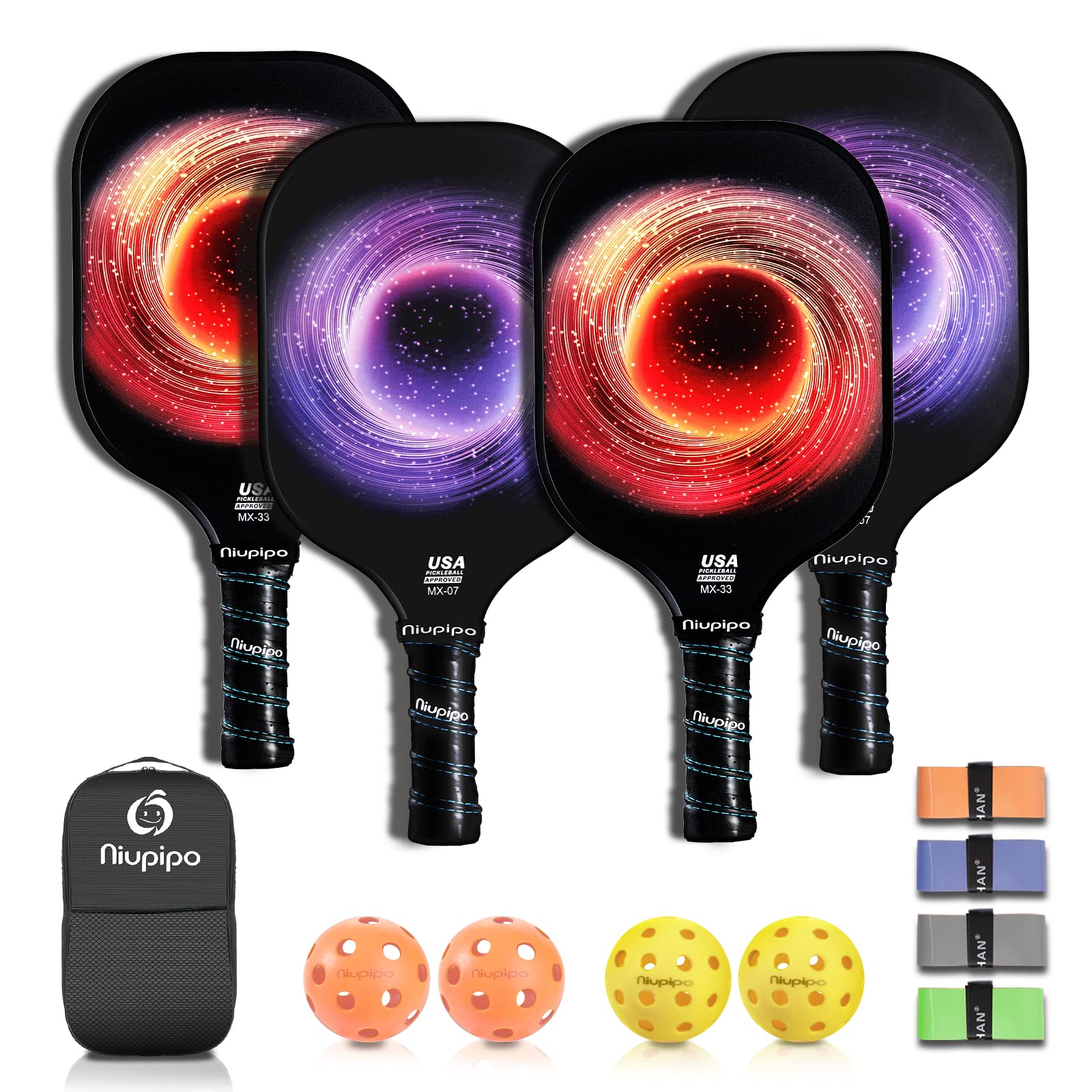 niupipo Pickleball Paddles Set of 2/4/1, USAPA Approved Lightweight Pickleball Rackets, Durable Fiberglass Surface with Polypropylene Honeycomb Core, Cushion Grip and Carry Bag for Beginner