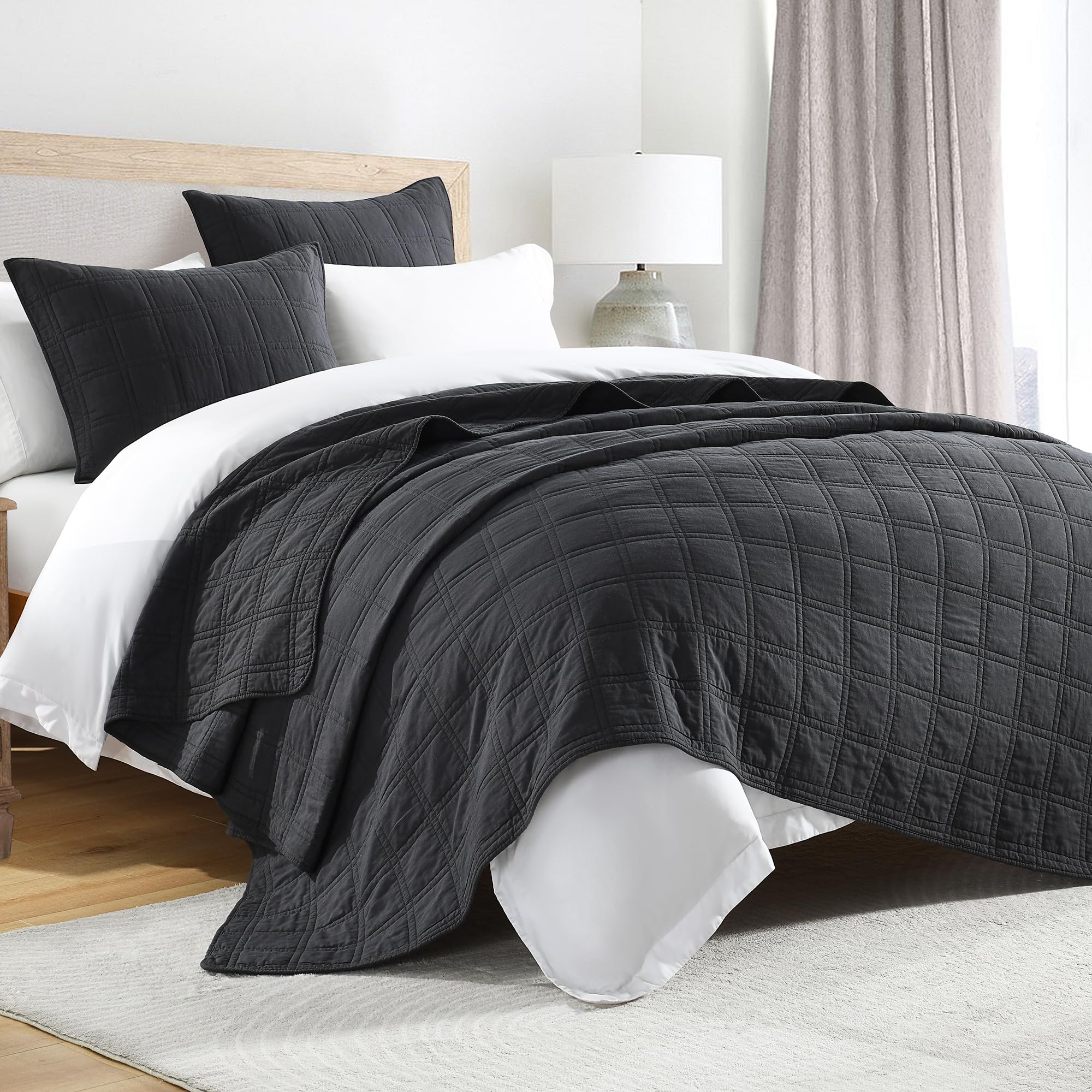 Photo 1 of HORIMOTE HOME 100% Cotton Quilt Set Queen Size, Charcoal Pre-Washed Bedspreads Coverlet Set in Geometric Pattern, Cozy Lightweight Stitching Decorative Bedding Cover with 2 Shams for All Season