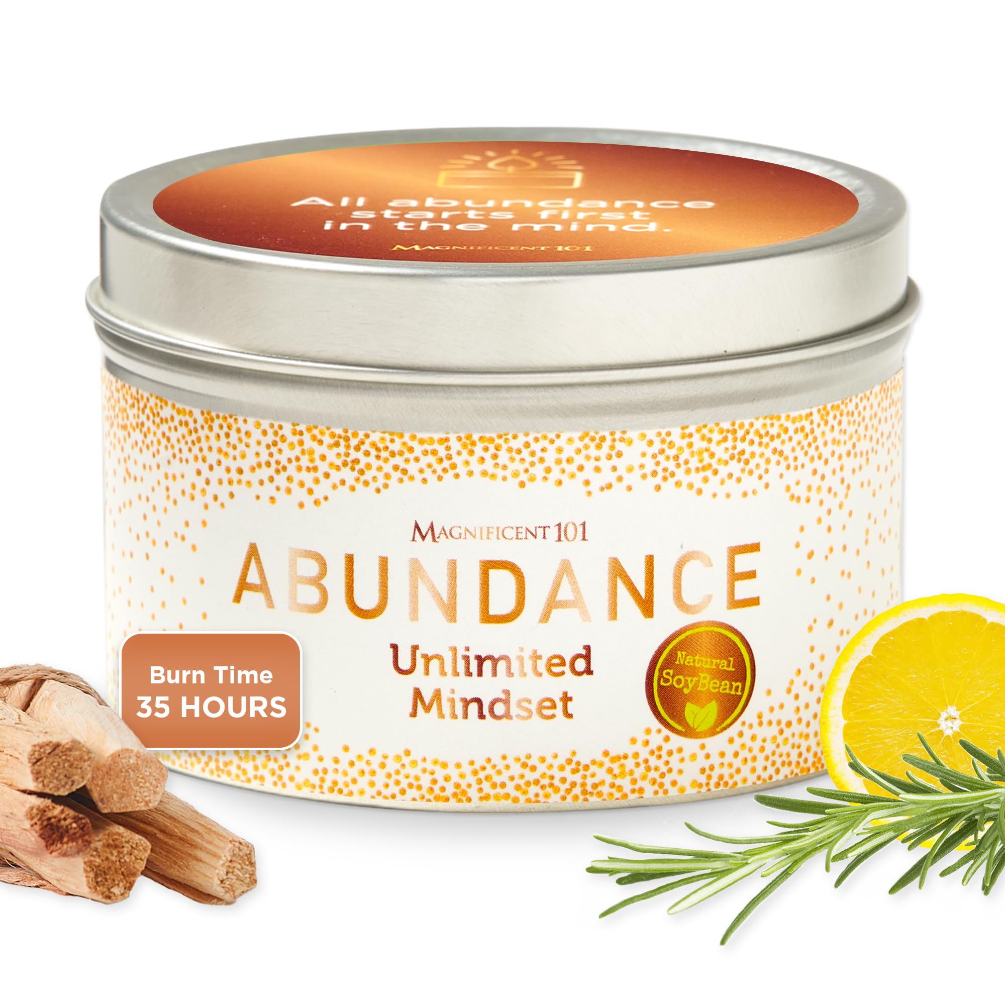 Magnificent 101 Long Lasting Abundance Smudge Candle | 6 Oz - 35 Hour Burn Time | All Natural Soy Wax Candle with Lemon, Rosemary & Sandalwood Essential Oils for House Energy Cleansing & Manifestation