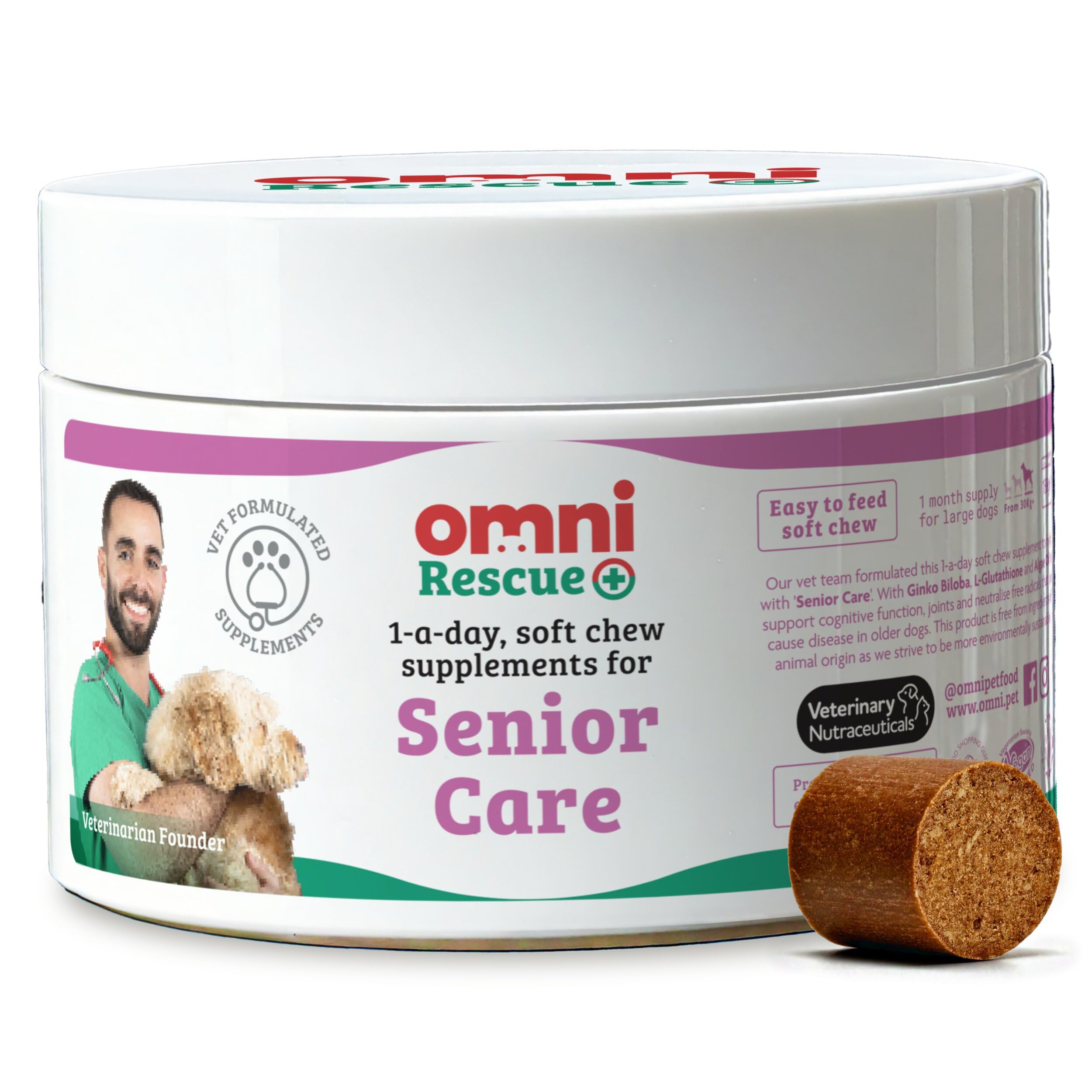 Omni Senior Care Supplements for Dogs - Dragons’ Den Winners, One-a-Day Dog Chew for Joints, Ageing and Cognitive Function - Ginko Biloba, Algae Oil and L-Glutathione, 30 Servings, Small 0-15 Kg