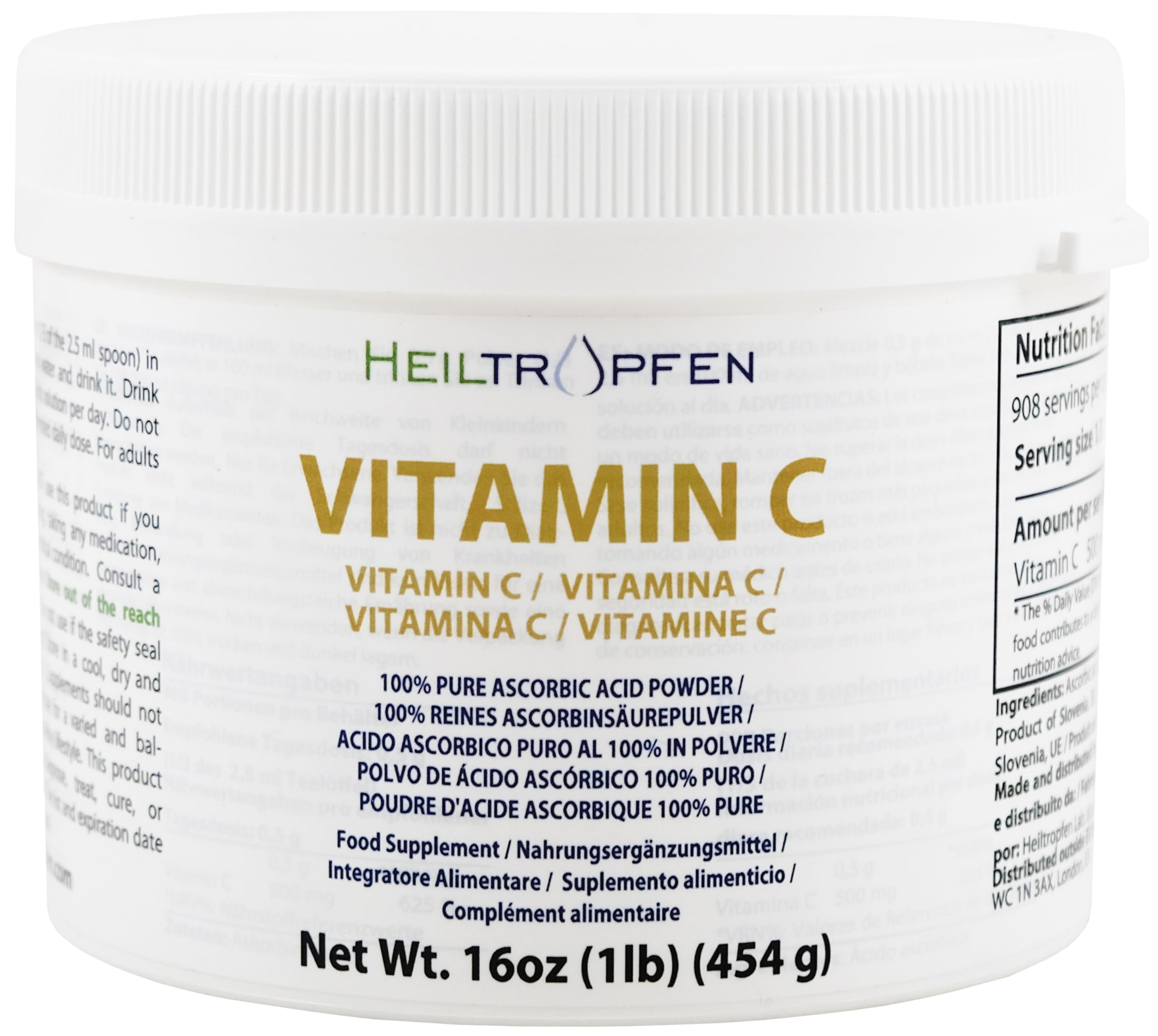 Pure Ascorbic Acid fine crystalline Powder | 1 Pound - 454 g | Vitamin C | Pharma Ingredients (Ph. EUR., USP, BP) | Third-Party Tested | Heiltropfen®