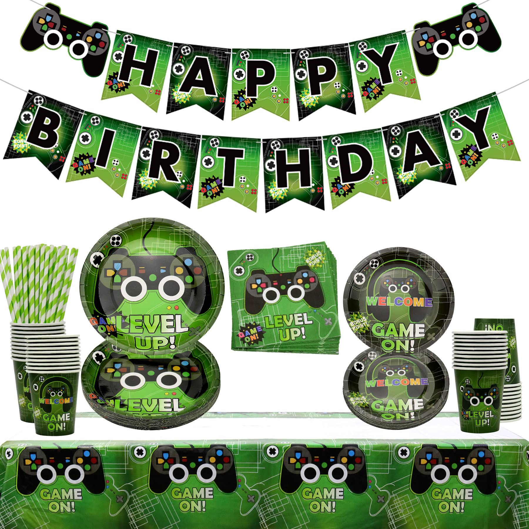 Video Game Party Supplies - Gaming Themed Birthday Party Decor for Boys and Teens- Including Plates, Cups, Napkins, Tablecloth, Hanging Swirls, Banners and Balloons (Green Serves 20 A)