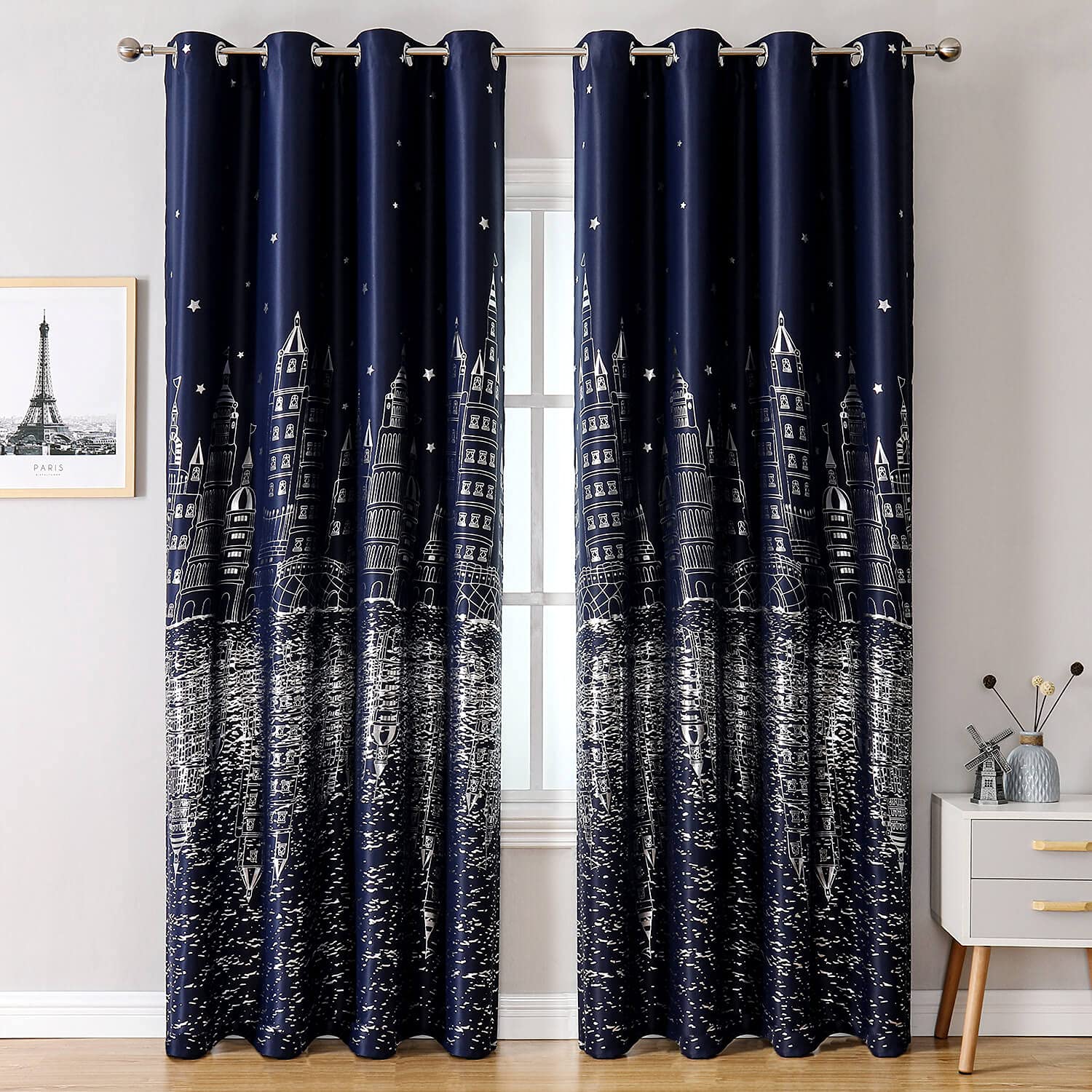 Navy Blue Blackout Kids Room Curtains 1 Panel Boys Nursery Room Darkening Thermal Insulated Drapes for Bedroom Living Room Grommet Top Window Treatments Curtains, 40 x 98 Inches Long,Blue,Silver