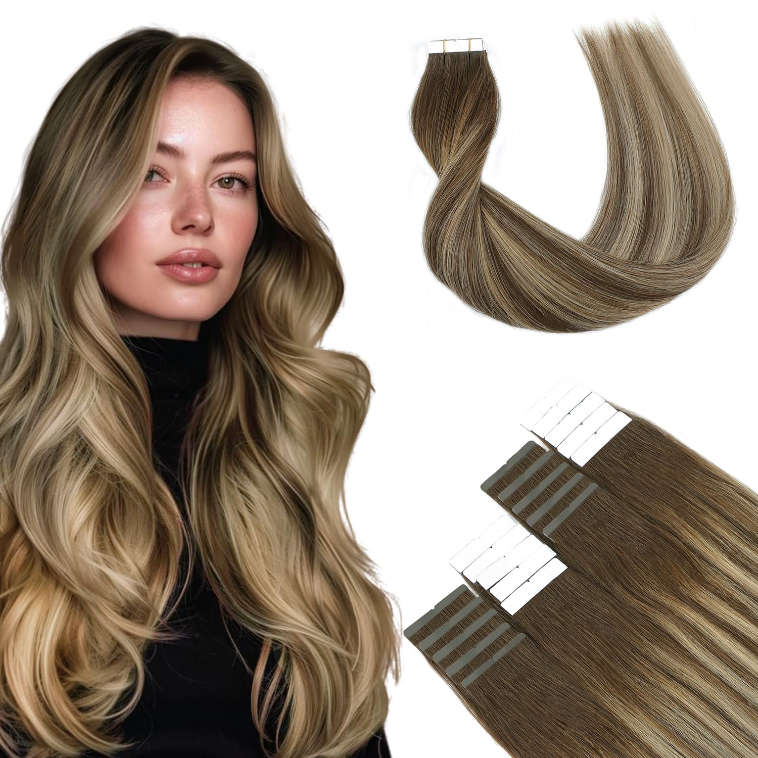 SURNEL Tape in Hair Extensions Human Hair 18 Inch Balayage Chocolate Brown to Caramel Blonde Remy Tape Hair Extensions Real Human Hair Tape in Extensions 50G 20Pcs (T18inch, 4/27/4) — image 1