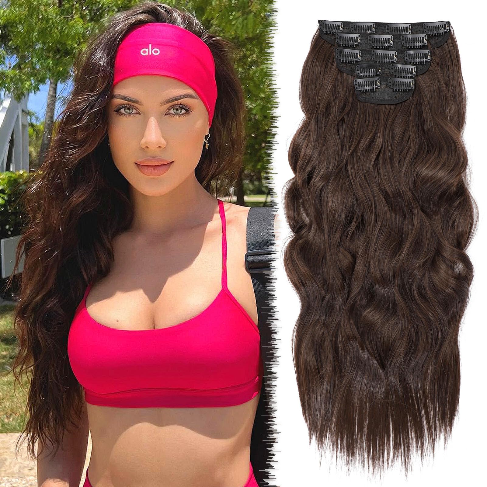 Photo 1 of WOKAA 20 Inch Long Wavy Clip in Hair Extension 5PCS Chocolate Brown Thick Hairpieces Soft Hair Extensions Clip Ins Synthetic Hair Extensions for Women