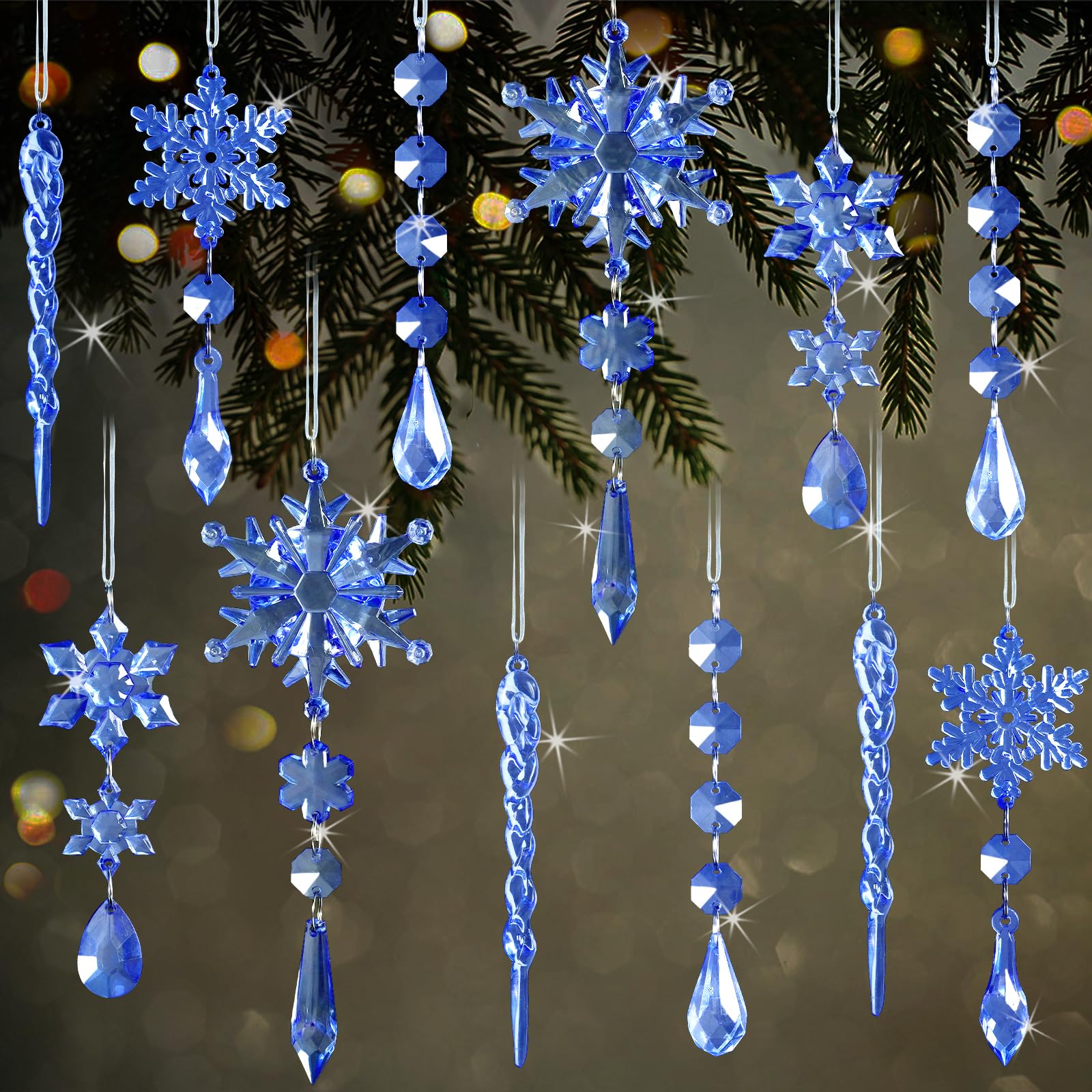 View 1 of 18pcs Crystal Christmas Ornaments for Christmas Tree Decorations-Royal Blue Hanging Acrylic Snowflake and Icicle Ornaments with Drop Pendants for New Year Party Decorations Supplies