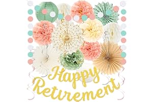 Retirement Party Decorations for Women --Sage Green Peach Pink Happy Retirement Banner Backdrop, Hanging Swirls Pompoms Kit O
