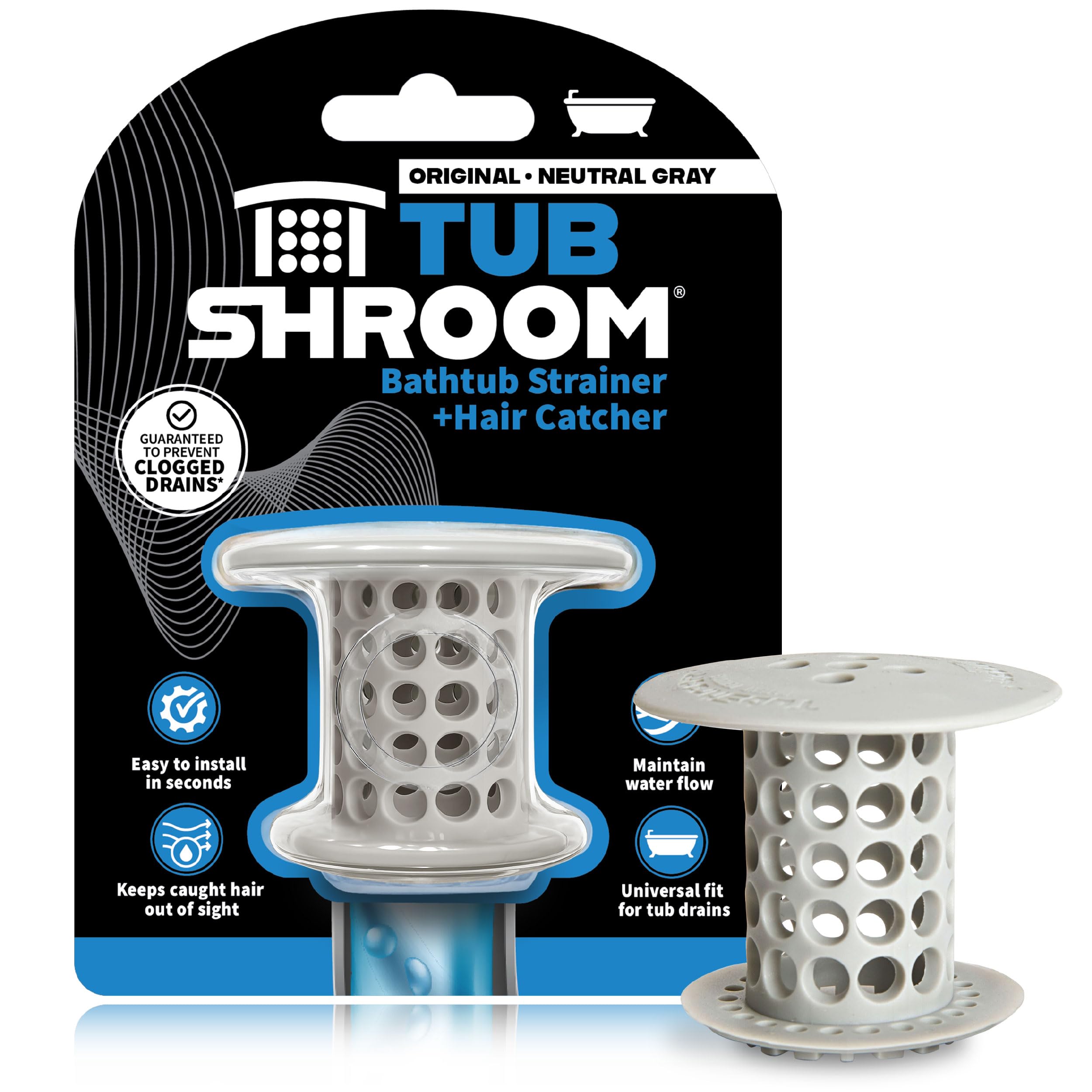 TubShroom Tub Drain Protector Hair Catcher Strainer Snare Silicone Grey Standard