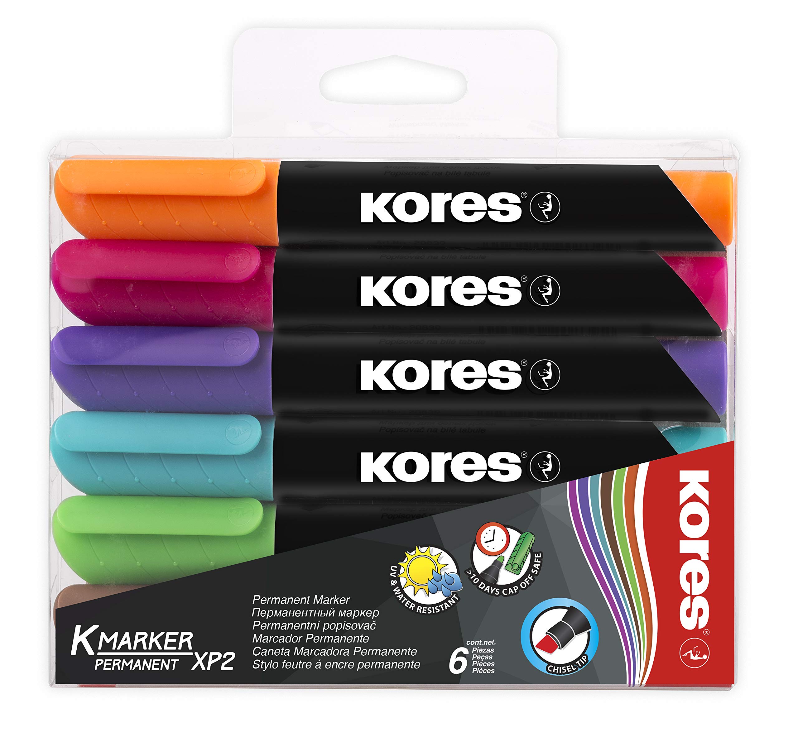 Kores - Coloured Permanent Marker Pens - K-Marker XP2, Chisel Tip with Low-Odour Ink - Waterproof Marker Pens for All Surfaces, Back to School Supplies, Office Supplies - Pack of 6 in Assorted Colours