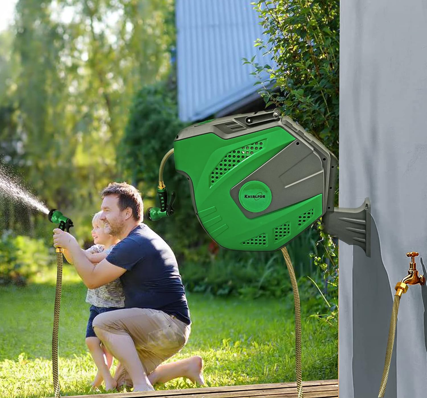 Khirlfor Garden Hose Reel Retractable Water Hose Holder Wall Mount 100 ft Hose with 7 Pattern Hose Nozzle : Garden & Outdoor