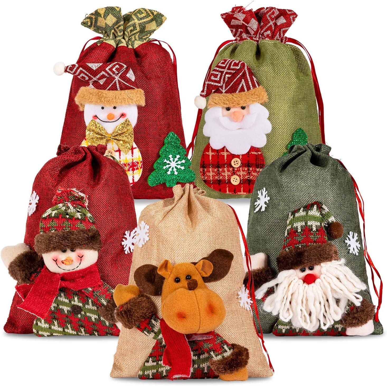 KAHEIGN 5Pcs Christmas Drawstring Bags, Large 3D Fabric Santa Claus Snowman Reindeer Burlap Bags Xmas Gift Bag Christmas Wrapping Bag Treat Bages Goody Bages for Christma Party Favor