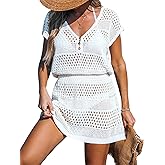 CUPSHE Women Crochet Swimsuit Cover Ups Hollow Out Short Sleeve Beach Coverup Dress