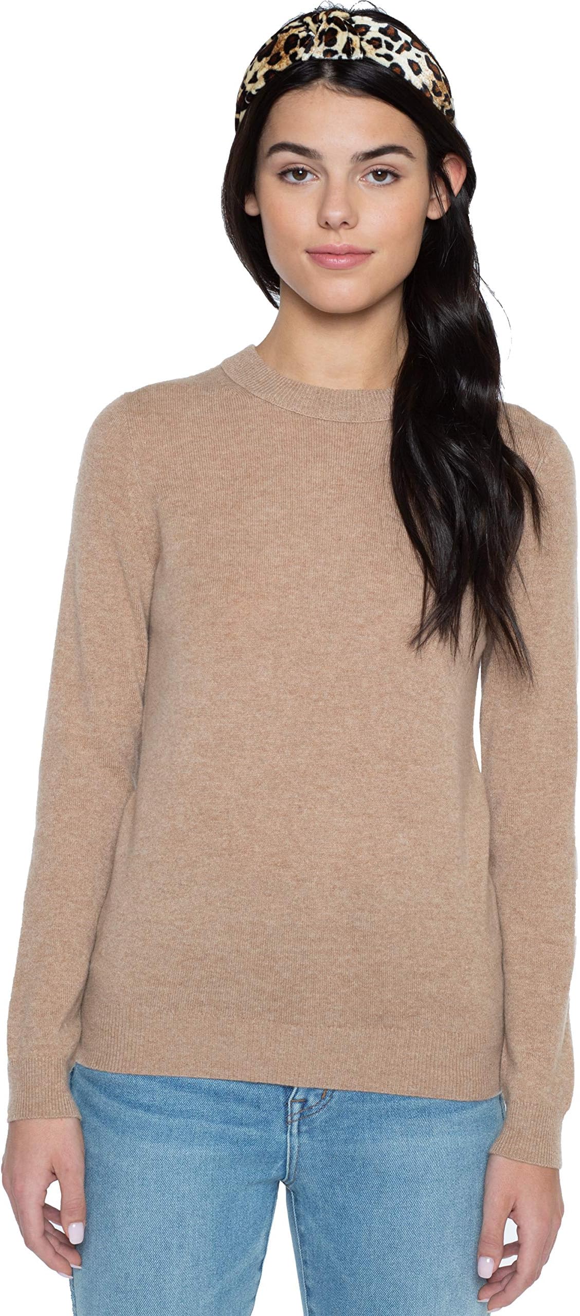 JENNIE LIU Women's 100% Pure Cashmere Long Sleeve Crew Neck Sweater