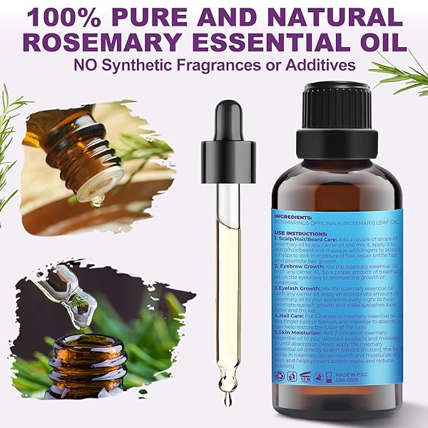 GIFBEA ROSEMARY OIL, 100% PURE UNDILUTED LIGHT-WEIGHT NON-GREASY FOR HAIR, SCALP & SKIN CARE, NATURAL HAIR GROWTH OIL PRODUCTS FOR EYEBROW EYELASH GROWTH , 2 FL OZ