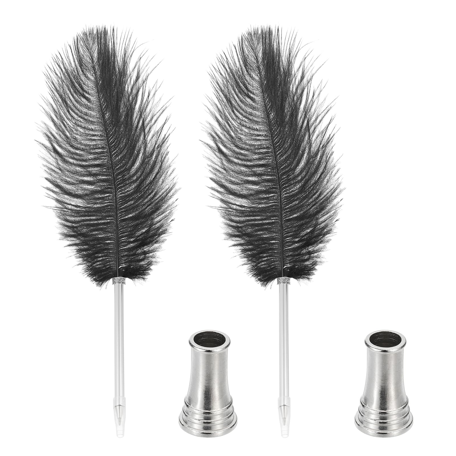 PATIKIL Feather Ballpoint Pen, 2 Pcs 0.5mm Fluffy Vintage Ink Quill Pen Refined Plated Rod Quill Pen with 2 Pcs Stand Holder for Calligraphy Writing Signature Guest Wedding Gift, Black