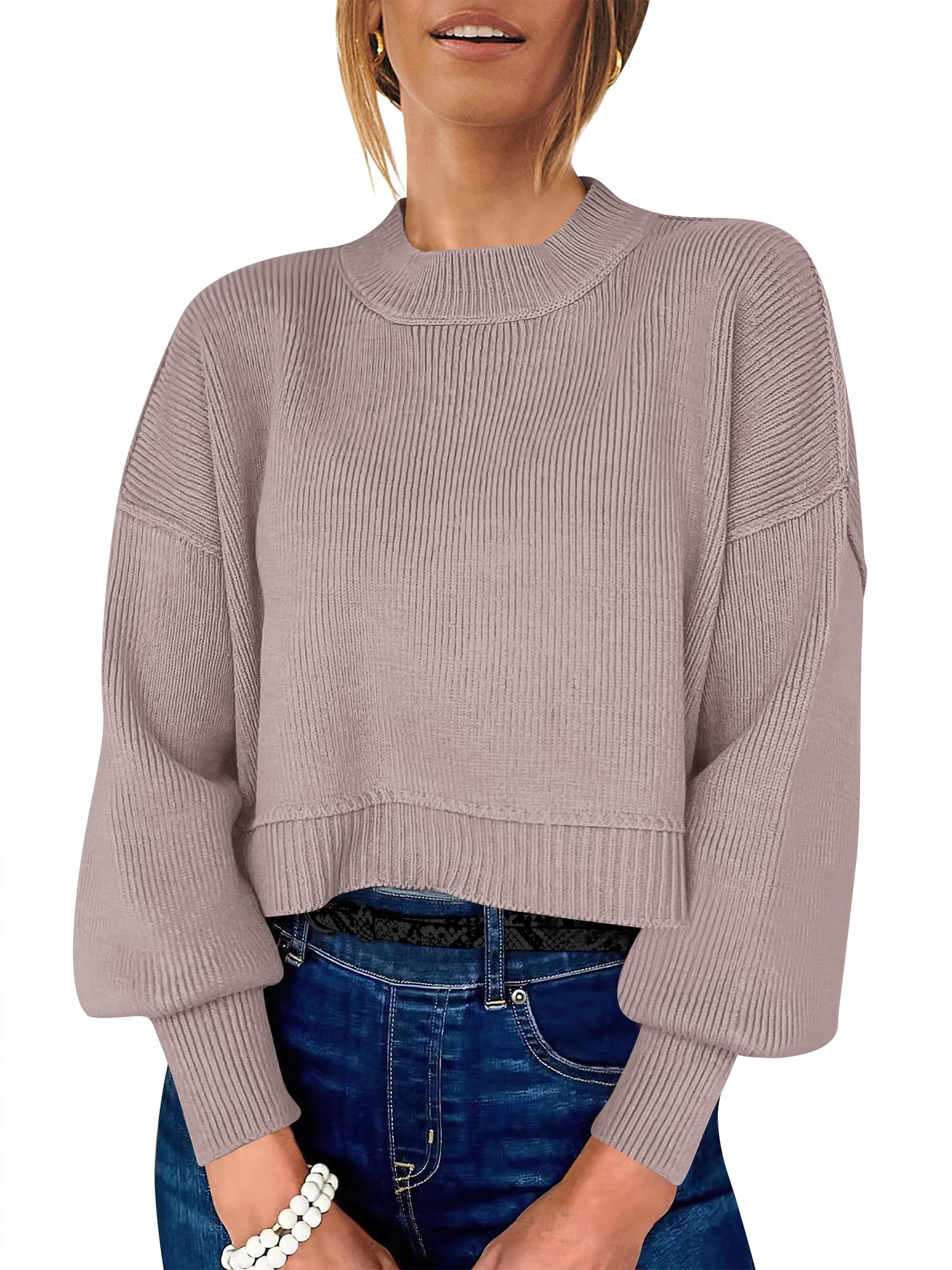 Photo 1 of ANRABESS Womens Cropped Sweaters Oversized Crewneck Long Batwing Sleeve Side Slit Ribbed Knit Pullover Tops 2025 Fall Clothes Medium