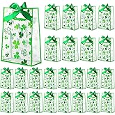 Gersoniel 24 Pack St. Patrick's Day Clear Gift Bags with Handles St. Patrick's Day Plastic Treat Bags with Bow Ribbons Transparent PVC Green Shamrock Totes for Birthday Party Favor, 7 x 10 x 3.15 Inch