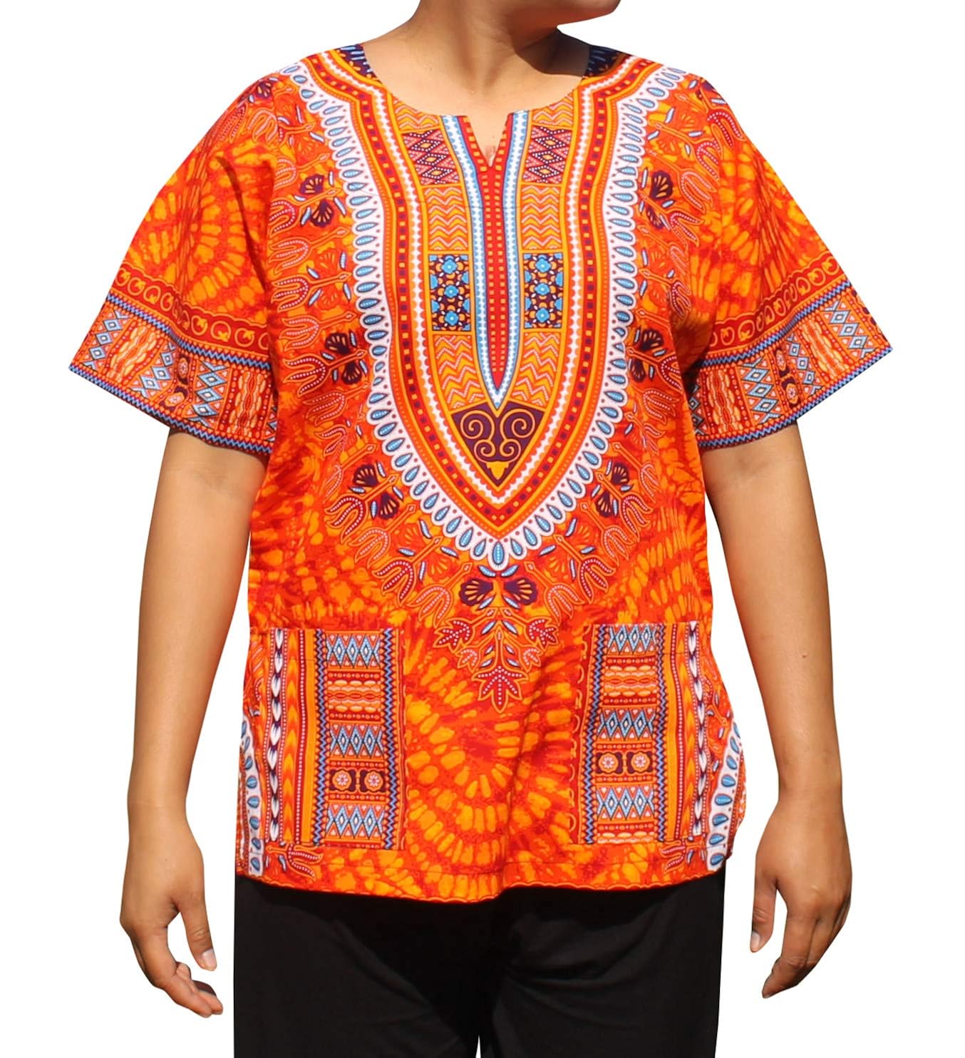 RaanPahMuang Bright Black & Orange Cotton Dashiki Shirt – Unisex, Fair Trade, Handmade In Thailand