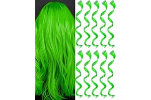 Olldag 10 PCS Green Hair Extensions, Curly Wavy Synthetic Hairpieces Clip in Rainbow Neon Party Highlights, Colorful Hair Accessories for Kids Girls Women 17 Inch