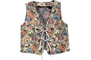 Verdusa Women's Vintage Floral Print Bow Tie Cowgirl Vest V Neck Sleeveless Jacket Outerwear