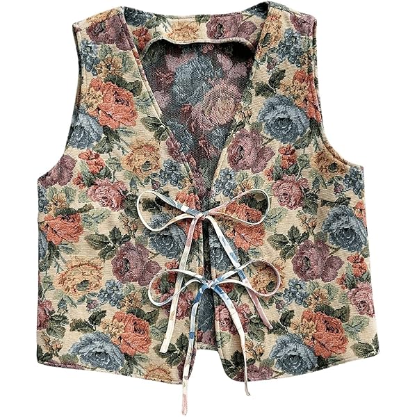 Meihuida Women Embroidered Vest Top Y2k Vintage Open Front Floral