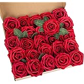 Exoment 25pcs Artificial Flower Foam Rose Real Touch Roses Flower Heads with Stem for DIY Wedding Bouquets Centerpieces Arrangements Party Baby Shower Home Decor (Dark Red)
