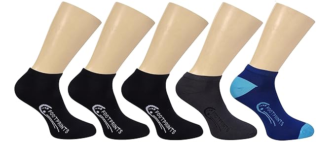 FootPrints Organic Cotton and Bamboo Ankle Socks - Unisex- Pack of 5 Pairs - 3 Black 1 Grey 1 Blue