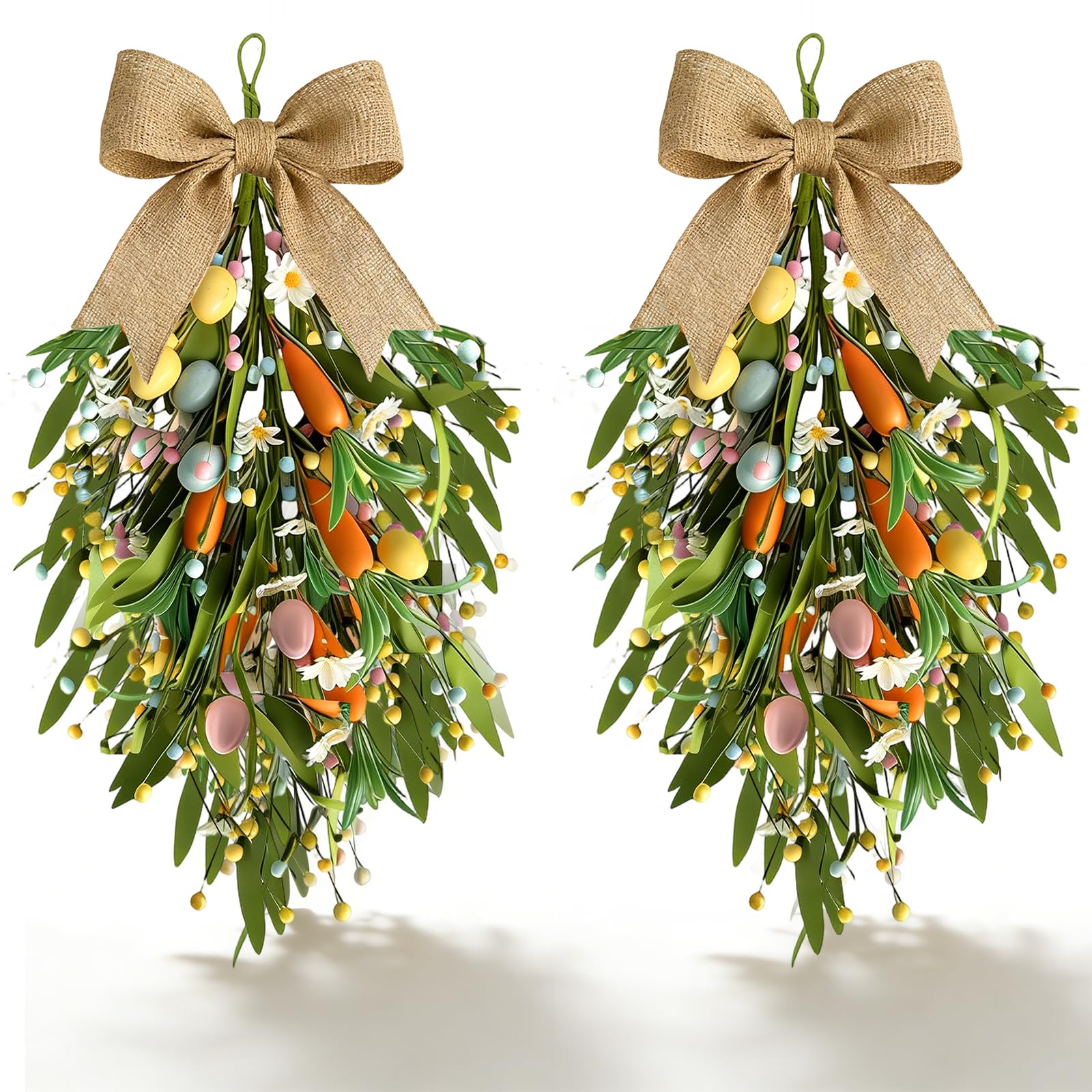 Photo 1 of 2 Pack 22'' Easter Swag Wreaths for Cabinets Easter Teardrop Wreath with Carrots and Eggs Artificial Spring Teardrop Wreath Hanger with Bow for Farmhouse Front Door Porch Window Wall Hanging Decor
