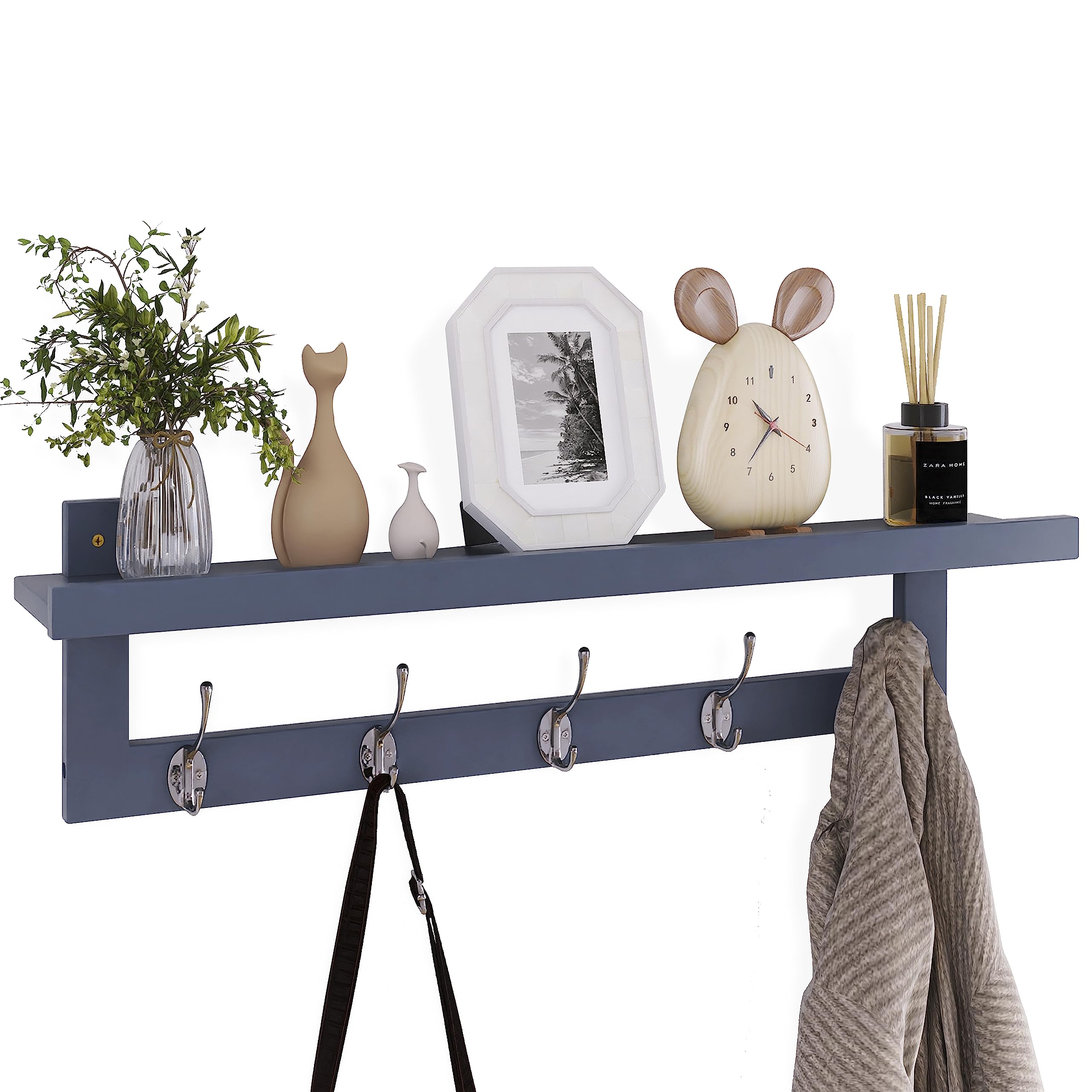 SMIBUY Coat Hooks with Shelf Wall-Mounted, 74 cm Entryway Coat Rack for Wall, Bamboo Hanging Shelf with 5 Double Metal Hooks for Bathroom, Bedroom, Kitchen, Living Room, Mudroom (Grey) — image 1