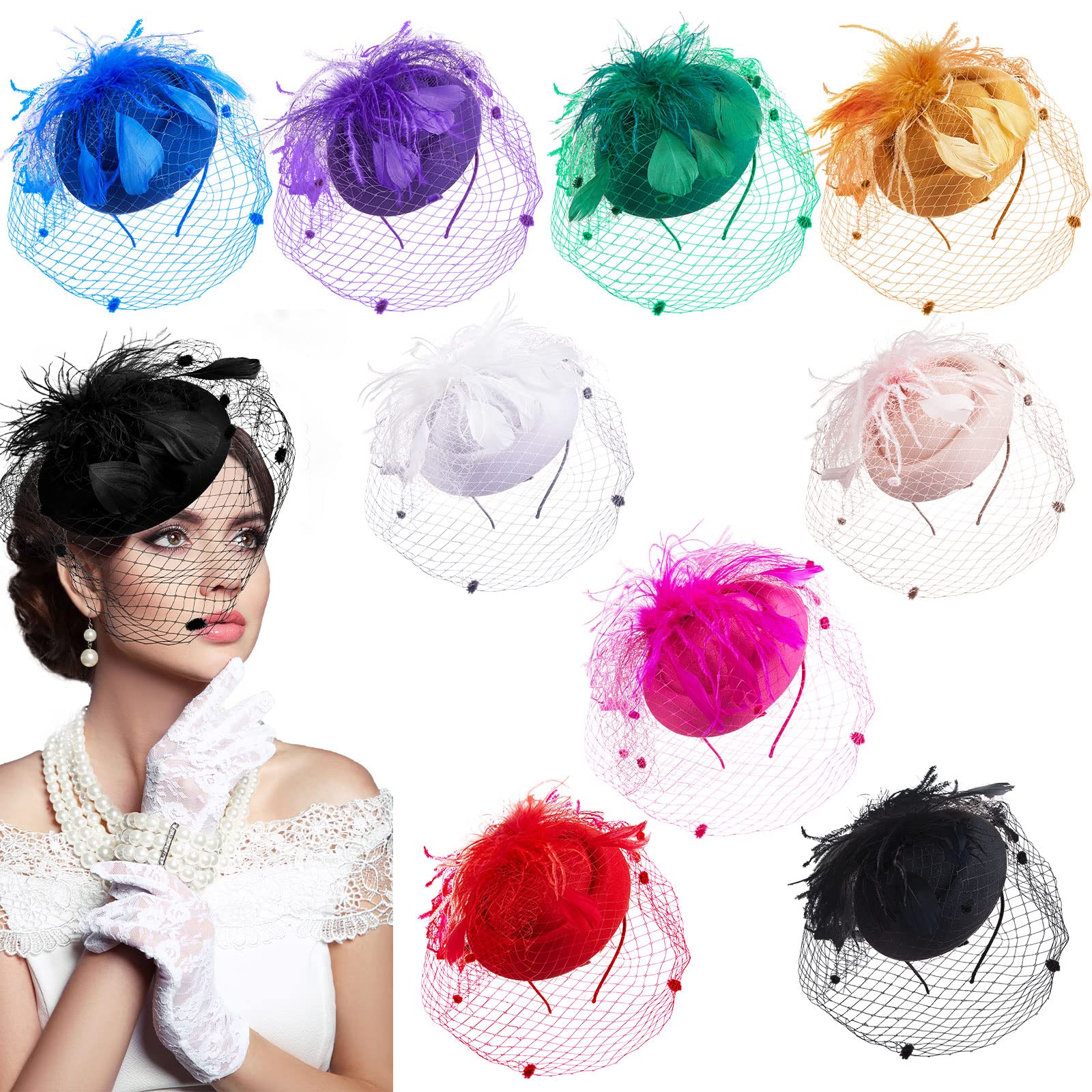 Photo 1 of 9 Pcs Fascinator Hats for Women Tea Party Hats 20s 50s Cocktail Headband with Feather Mesh Veil for Wedding Church(Fresh Colors,Delicate Style)