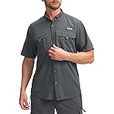 Pudolla Men's Fishing Shirts with Short Sleeves, Summer Travel Work Shirts, Button Down with UPF50+ and Zipper Pockets