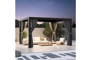 MODERN SHADE OUTDOOR LIVING SPACES Modern Shade Aurora Louvered Pergola 10'x12' with USB Charging Port Deck, Outdoor Pergola with Integrated Drainage, Netting and Curtains for Patio Deck Garden, Easy Assembly, Black