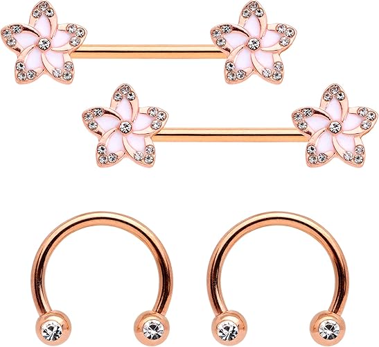 Amazon Body Candy 14gニップリングピアス メッキスチールクリアアクセントフラワー蹄鉄ニップルリング 5 8インチ 1 2インチ 4個入り ボディピアス 通販