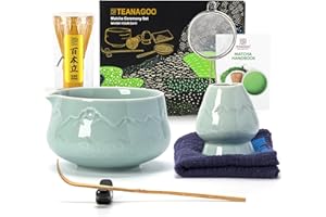 TEANAGOO 7 Pcs Matcha Whisk Set Blue, Ceramic Matcha Set, Matcha Kit for Ceremony, Matcha Tea Set for Making Breakfast/Latte, Tradition Whisk Set and Bowl with Scoop&Sifter, Gift for Friend/Family