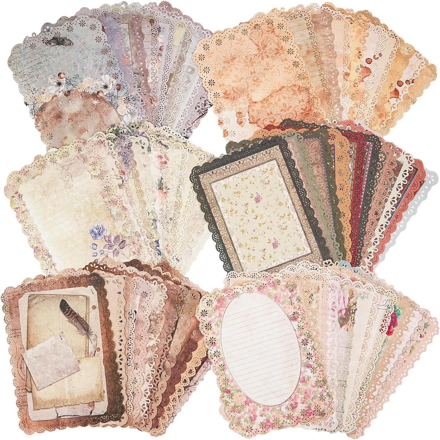 Acidea 60 Sheets Lace Edged Scrapbook Stationery Paper Assorted Set, 6 Pack Scrapbook Vintage Paper for Junk Journaling, Bullet Journaling, Scrapbooking Supplies and Collage Background 4.9x6.9 Inch