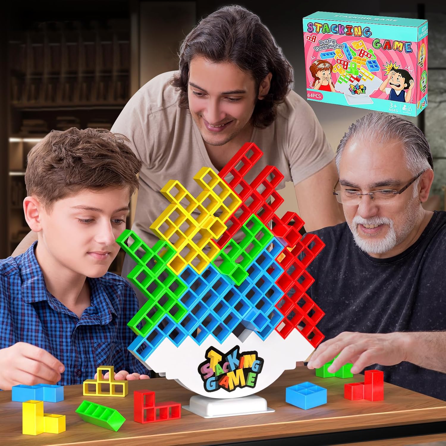 DUHLnote 64PCS Stack Game for Adult & Kids, Tetra Board Tower Games for Family Travel Party, 2 Players Balance Stacking Toy, Team Toys Building Block