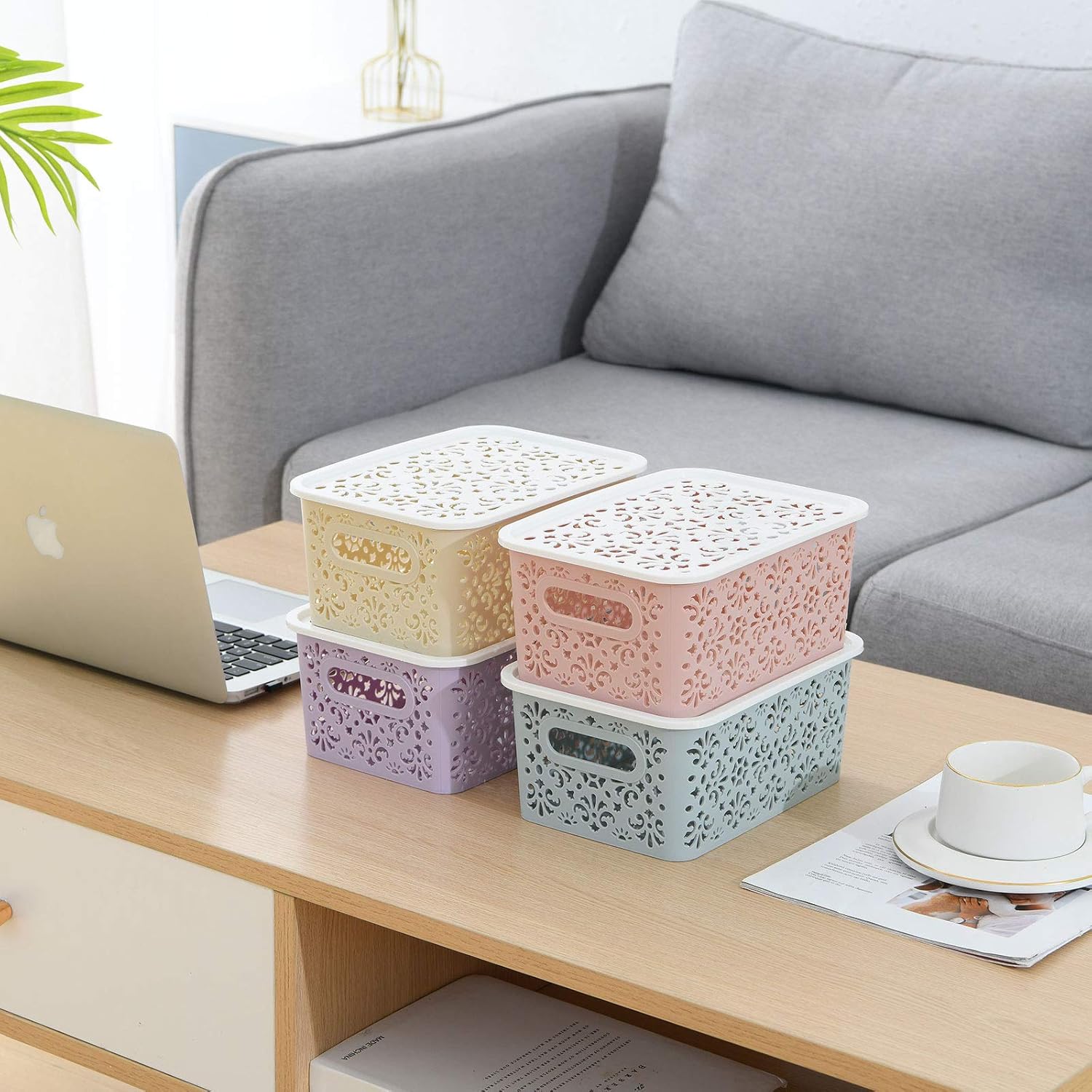 ANMINY Plastic Storage Baskets Set with Handles Removable Lids Stackable Lidded Bins Boxes Home Kitchen Cubes Closet Shelf Organizer Containers Weave Hollow Design 1 Large 1 Medium 2 Small - Beige: Home & Kitchen