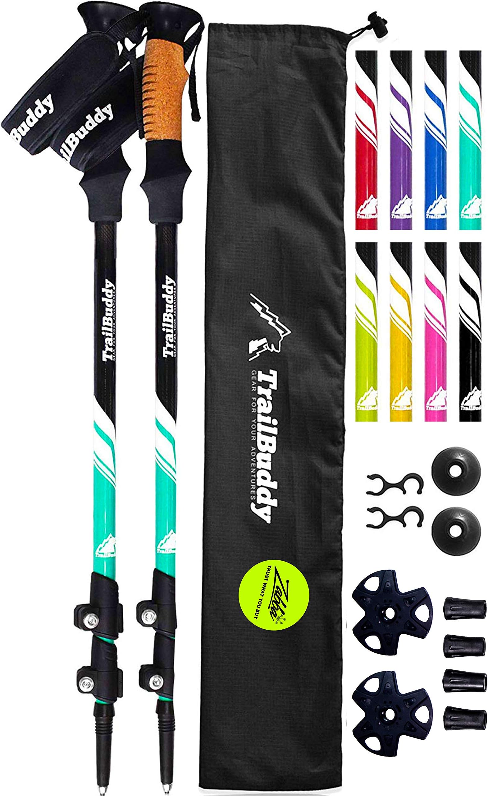 TrailBuddy Trekking Poles - 2-pc Pack Adjustable Hiking or Walking Sticks - Strong, Lightweight Aluminum 7075 - Quick Adjust Flip-Lock - Cork Grip, Padded Strap
