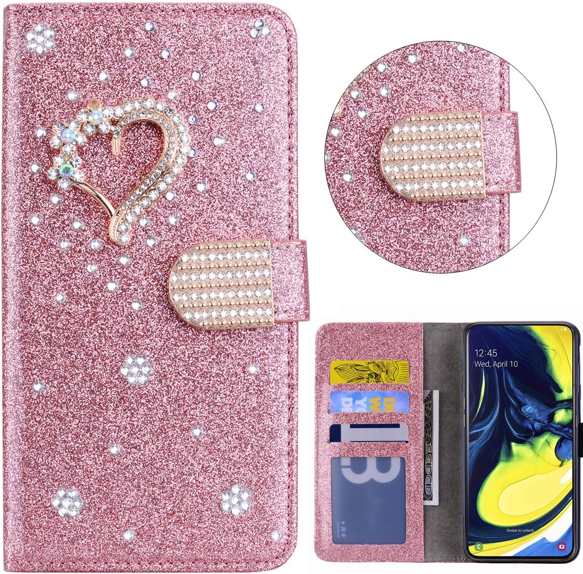 Xifanzi Glitter Wallet Case for Samsung Galaxy A80 3D Diamond Buckle & Love Bling Glitter Pattern Leather Flip Book Wallet Shell with Card Slots BookStyle Cases for Samsung Galaxy A80, Rose Gold