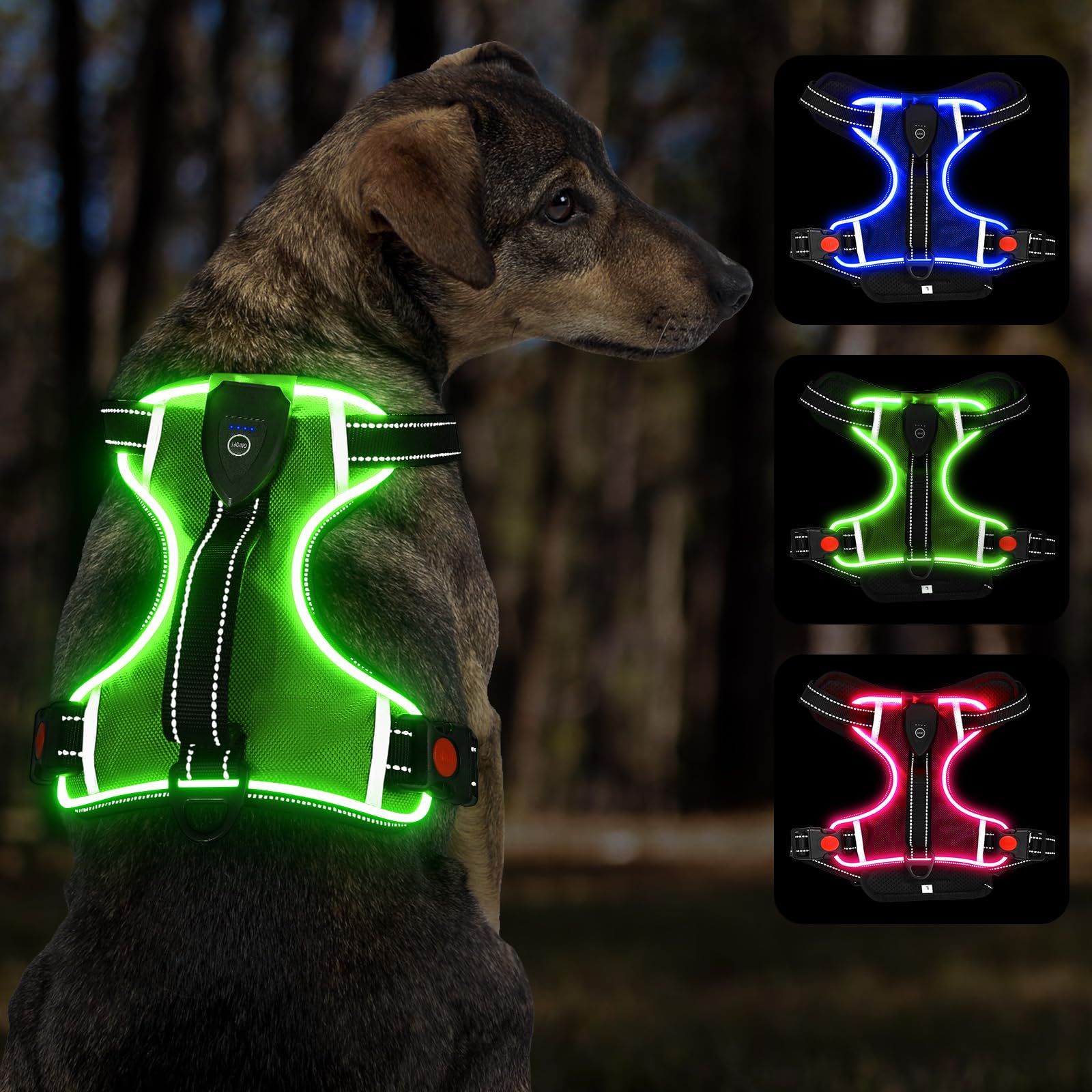 YFbrite Light Up Dog Harness - Rechargeable, Adjustable, Waterproof LED Harness for Small, Medium and Large Dogs (Green, Small)