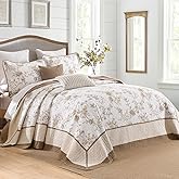 QuiltMuse Oversized King Bedspread 128"x120" - 100% Cotton Lightweight California King Quilt with 2 Pillowshams, Farmhouse Reversible Botanical Extra Wide Quilted Bedding Coverlet, 3Pcs, Brown/Beige