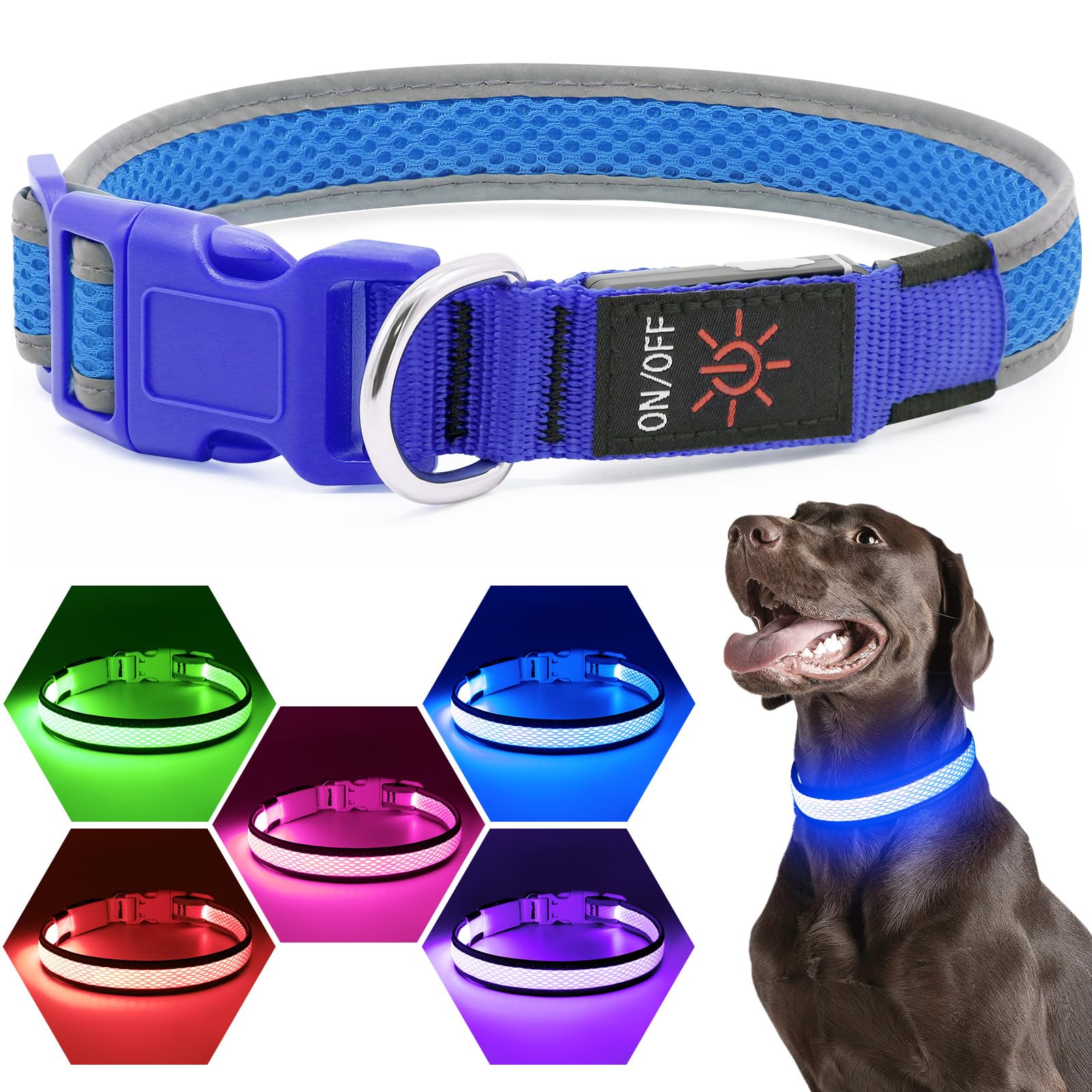 Photo 1 of Flashseen LED Dog Collar, Light Up Dog Collar USB Rechargeable, Brightest Dog Lights for Night Walking, Adjustable Dog Collar Light for Dog Safety(Medium, Royal Blue)