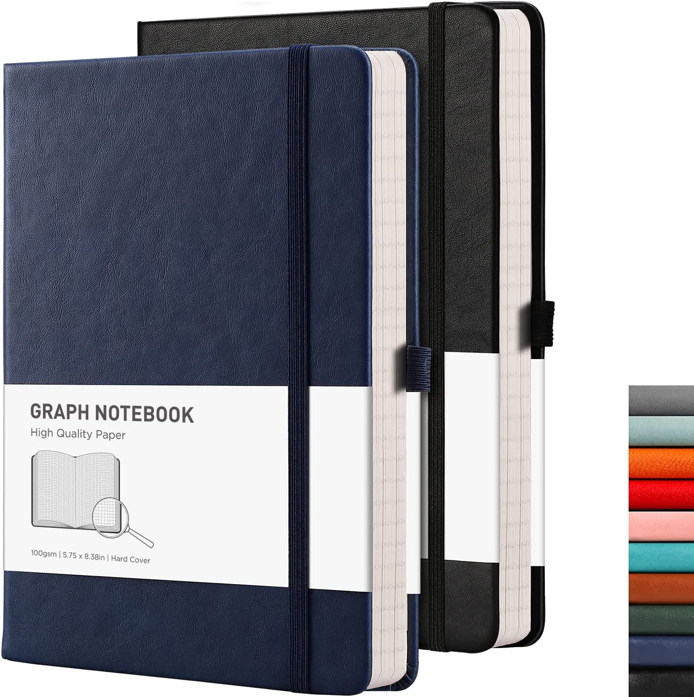 RETTACY Graph Paper Notebook A5 2 Pack - 384 Pages Squared Notebook with 100gsm Graph Paper, Pen Holder, Inner Pocket, for Office School Work Women Men Work 14.5 x 21cm - Black Blue